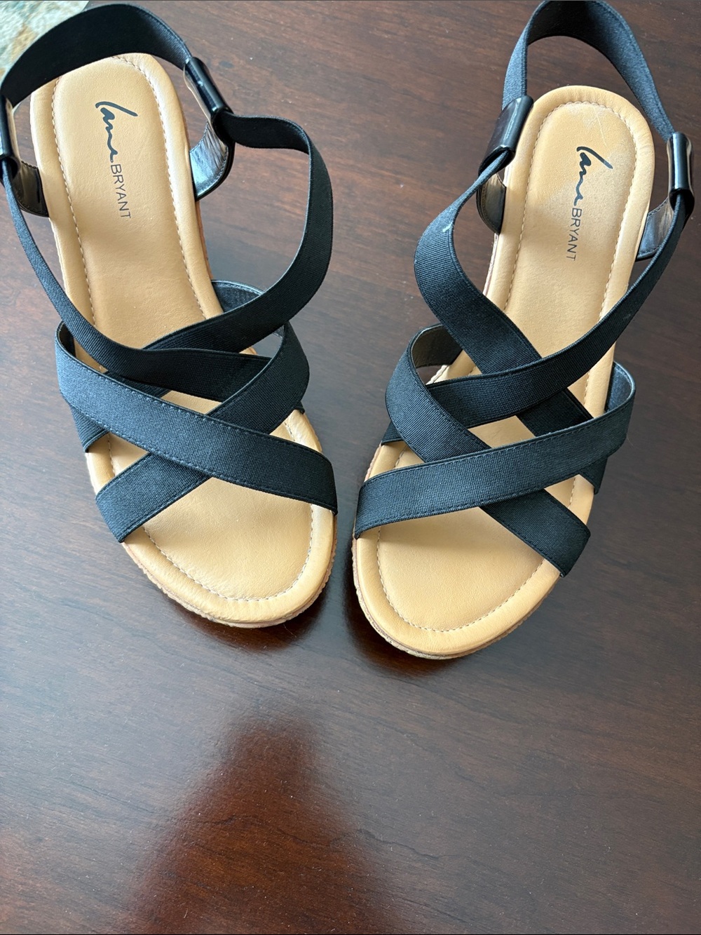 Lane Bryant Black Crisscross Elastic Sandals with Tan Footbed